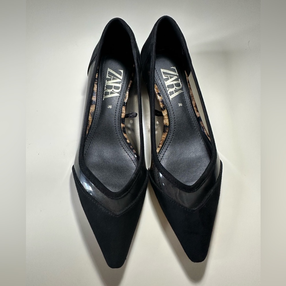 Zara - Black Suede PVC Flats - Size US6